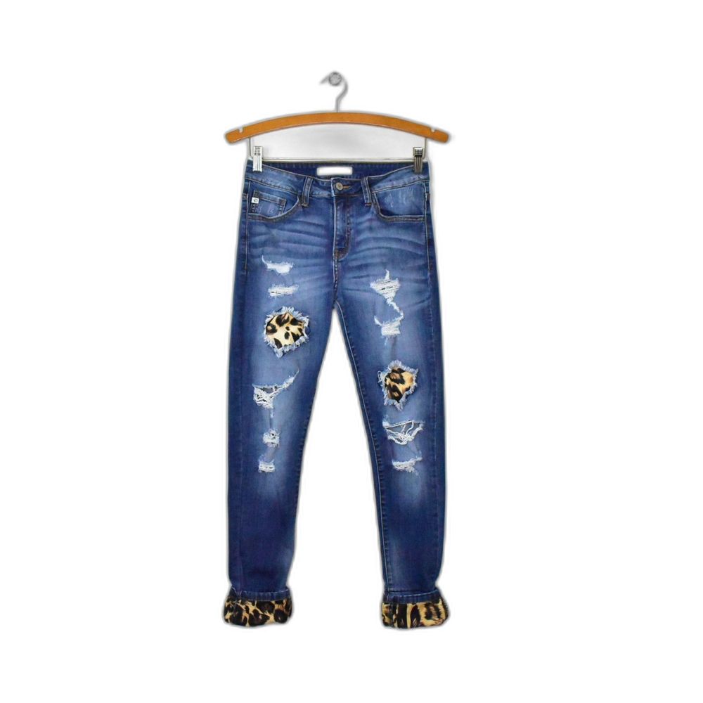 KanCan Mason Leopard Patch Mid Rise Ankle Skinny Jeans Size 26 Distressed Frayed